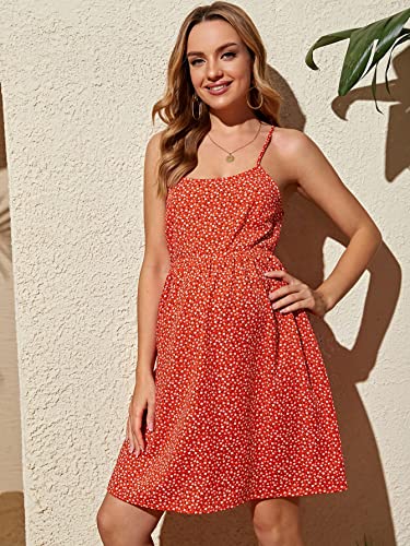 Makemechic Women's Maternity Summer Dress Floral Tie Open Back Sleeveless A Line Cami Dress Orange L #TOP2