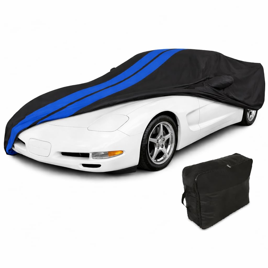 SR1 Performance USA C5 Corvette Car Cover Custom Fit Outdoor/Indoor UV Rain Protection - Ultraguard Plus 300 Denier High End for 1997-2004 C5 Coupe, Convertible, Z06 (Black with Blue Stripes)