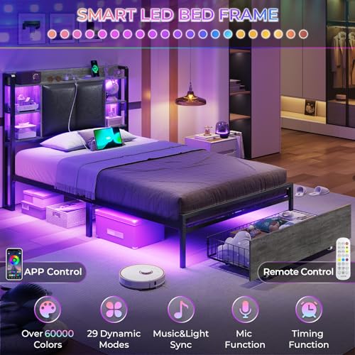 VIAGDO Twin Bed Frames with Charging Station, Upholstered Storage Headboard and LED Lights, LED Platform Bed Frame with Drawer, No Box Spring Needed, Easy Assembly, Grey and Black