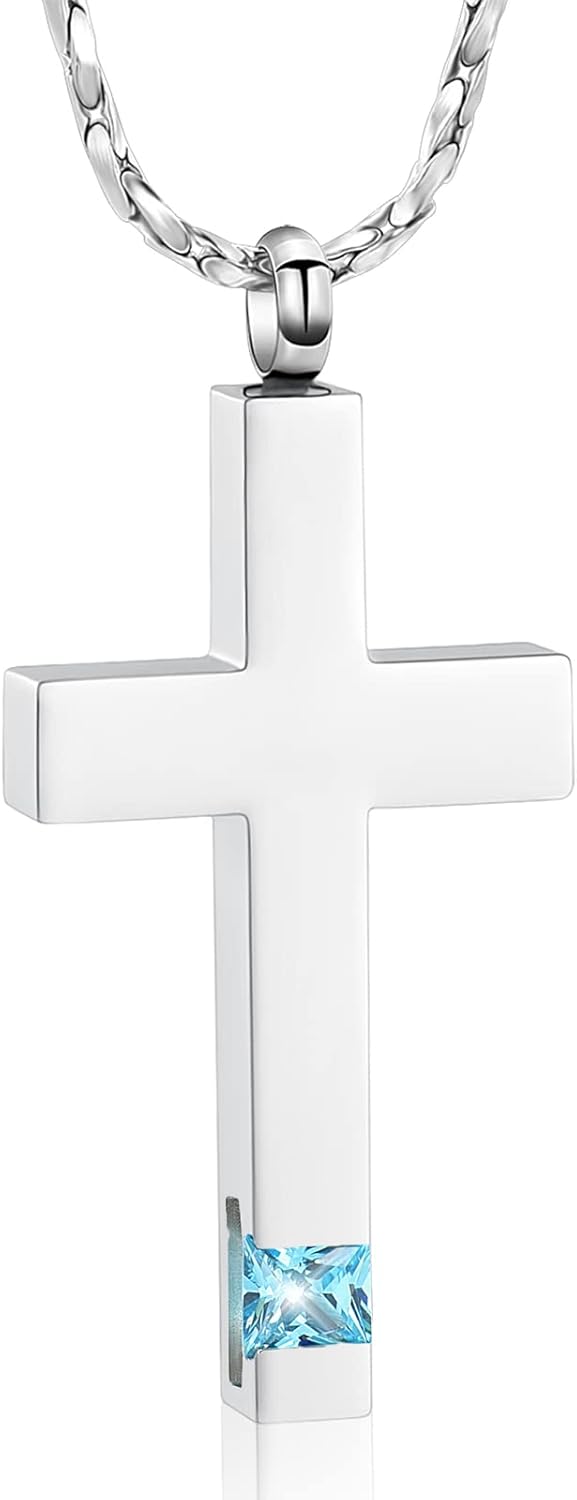 Imrsanl Birthstones Urn Necklaces for Ashes Crystal Cross Cremation Jewelry for Women Men - Religious Cross Memorial Urn Necklace for Pet Human Ashes Pendant