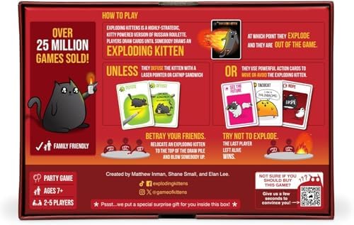 Exploding Kittens Original Edition - 2-5 Players - Ages 7+ - 15 Minutes to Play - High Stakes Card Game - Party Game, Family Game Night, Kid and Adult Card Game - 5
