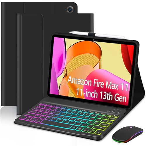EAMPANG Case with Keyboard Mouse for Amazon Fire Max 11 inch (13th Generation 2023 Release) 7 Color Rainbow Backlit Detachable Type-C Charging Keyboard Magnetic Case Pen Holder 13th Gen Black