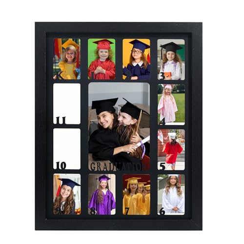 Image of FramePro School Years Picture Frame K-12, Graduation Photo Collage Black Frame with Black Mat, Displays One 5x7 Photo and Twelve 2.5x3.5 Pictures, Graduation Gift Souvenirs