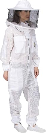 Ventilated Bee Suit & Bee Stickers YKK Metal Zippers Men/Women - TOTAL PROTECTION - Round Veil Easily On/Off - 8 Pockets
