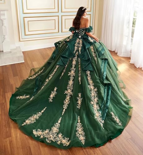 Sparkly Tulle Quinceanera Dresses with Beads Puffy Off Shoulder Ball Gowns Gold Appliques Sweet 16 Dresses2