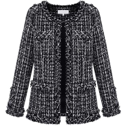 Leyoutx Blazer de Tweed a Cuadros sin Cuello para Mujer, Elegante Frente Abierto con Flecos, Casual, Chaqueta con Purpurina, Negro -, XXL