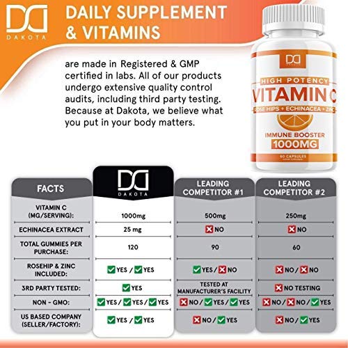 Vitamin C Capsules With Zinc + Rose Hips And Echinacea (120 Count | 1000Mg) Vit C Pills Immune Supplement For Adults Kids, Vitimin. C 1000 Mg Alt To Gummies, Chewable Tablets, Powder Drop (2 Pack) #TOP4