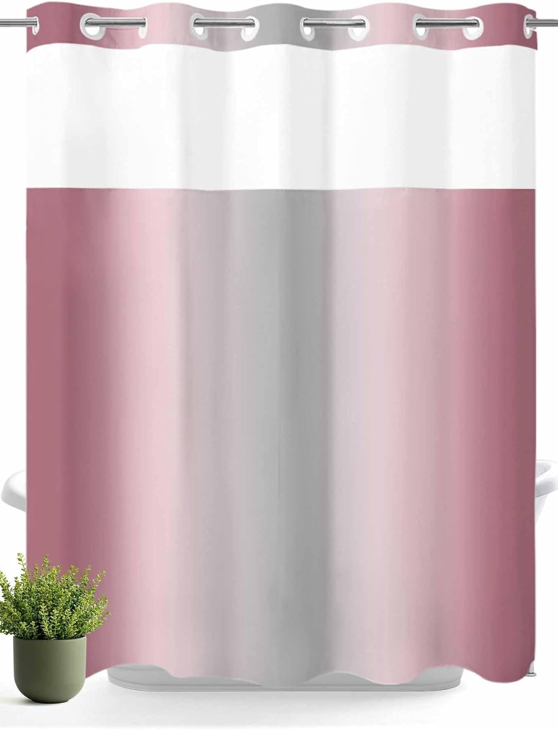 Pink and Grey Gradient No Hook Shower Curtain with Snap in Liner Minimalist Abstract Ombre Modern Art Shower Curtain for Bathroom, Fabric Waterproof Inner Liner with Mesh Top Window, 72x72