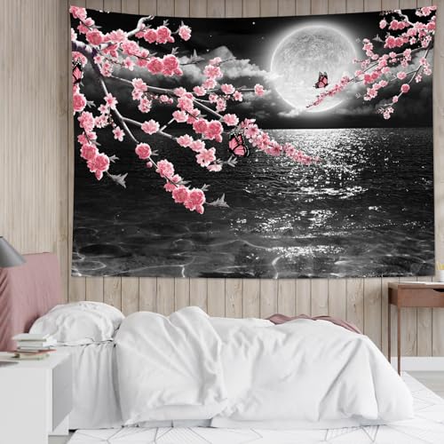 LB Black Sea Tapestry Butterfly on Pink Flower Tree Tapestry Wall Hanging Full Moon Night Scenery Tapestries for Living Room Bedroom Dorm Wall Decor,59x39 inch - Image 2