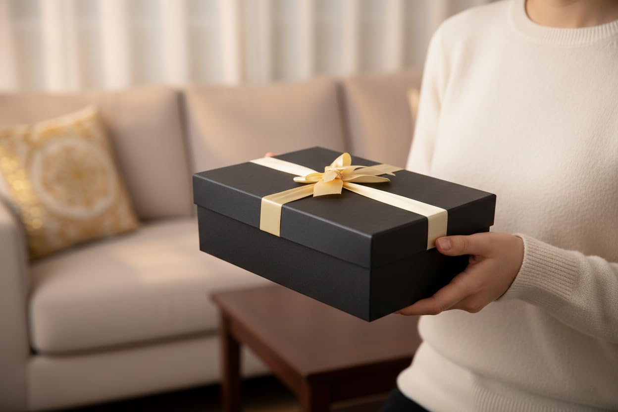 Emartbuy Set di 3 scatole regalo in carta nera e nera, misura grande, media, piccola | Scatola regalo rigida in cartone di lusso con nastro, confezione premium per cesti, compleanni, matrimoni, regali aziendali