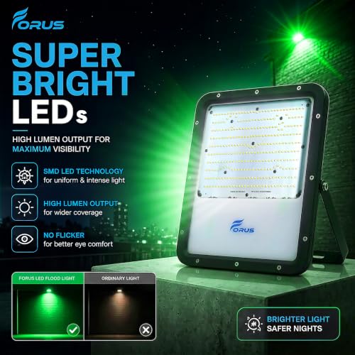 Image of Forus 250W LED Flood Light IP67 Waterproof, Green Outdoor Decorative Floodlight for Garden Decor, Landscape, Parking, Warehouse, High Mast Security Light with 4 Year Warranty