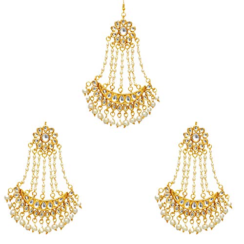 Image of Kundan Pearl Gold Platted Long jhumar Wedding Passa maang Tikka and Earrings Set for Women Girls