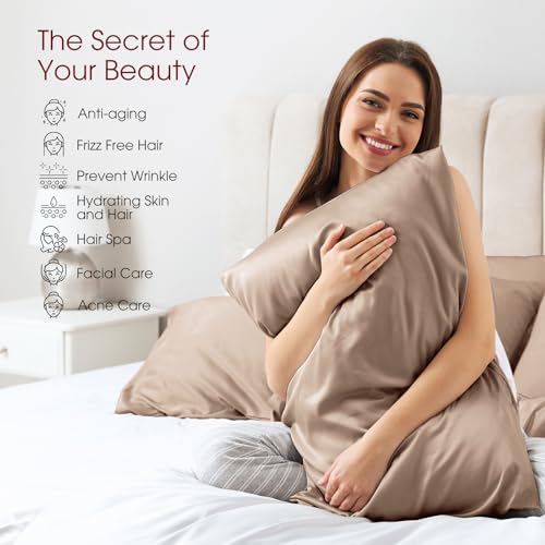 Image of 100% Silk Pillow Cases 2 Pack King Size Mulberry Silk Pillowcase for Hair and Skin Set of 2 Highest Grade 6A Silk Soft Breathable Cooling with Hidden Zipper, Taupe