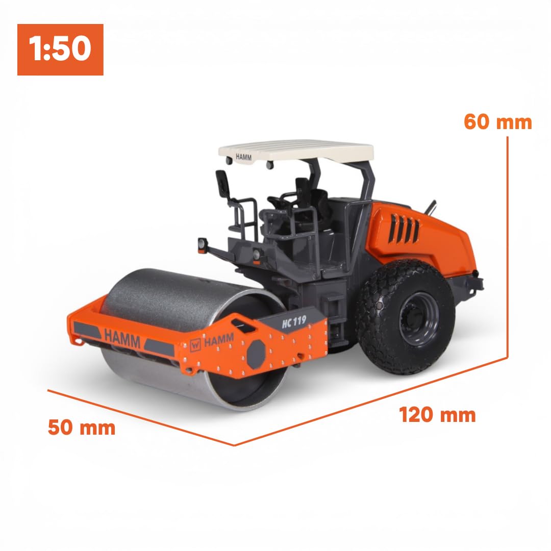 Hamm HC119 wałek 1:50 model Diecast, wysokiej jakości maszyny budowlane, miniaturowy model kolekcjonerski z metalu, z przegubową konstrukcją i realistycznym gładkim bandażem