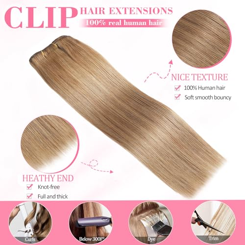 Image of Clip in Hair Extensions Real Human Hair, Human hair Clip ins Extensions | Seamless Invisible Human Hair Extensions Clip ins Straight 8Pcs Double Weft Tangle Free, No Shedding Chestnut Brown 20 inch 105g