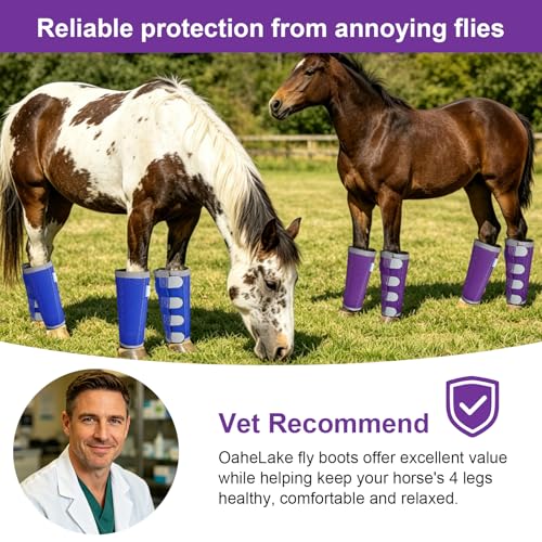 Image of Reflective Horse Fly Boots Set of 4, Loose Fitting Leggings for Horses, Equine Fly Leg Wraps Socks for 4 Legs, Breathable Adjustable and Universal Fit, Reliable Stay Put and on (Purple)