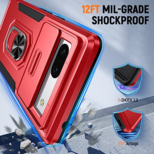 Oneagle For Google Pixel 7A Case With Screen Protector(2Pcs), Pixel 7A Phone Case With [Slide Camera Lens Cover]+[360° Rotatable Metal Kickstand] Military Grade Shockproof Case For Pixel 7A 6.1" Red #TOP2