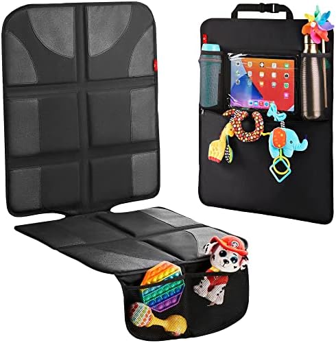 Helteko Car Seat Protector with Thickest Padding + Backseat Car Organizer, XL Largest Car Seat Cover for Child Baby Carseat, Kick Mat Back Seat w/ Storage Pockets, Waterproof & Durable 600D Fabric