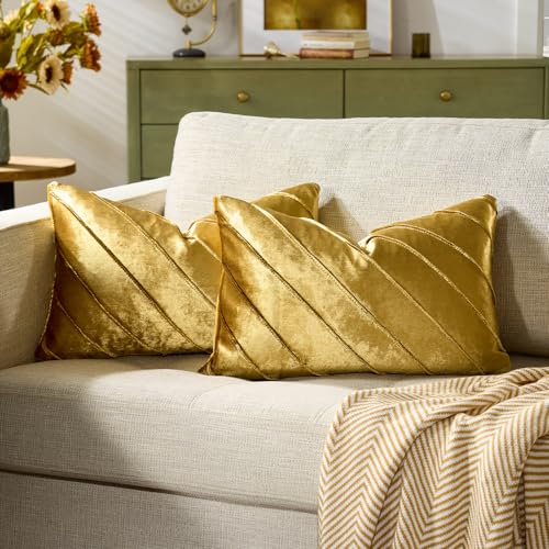 GIGIZAZA Decorative Gold Velvet Stripe Throw Pillow Covers 20x12 Set of 2
