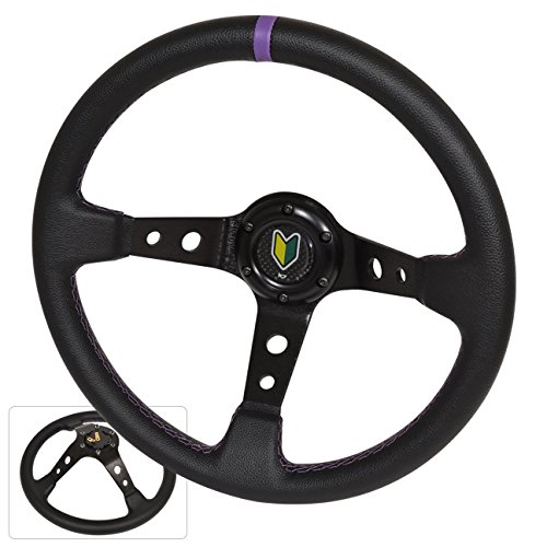 AJP Distributors 6 Bolt 350mm Deep Heavy Duty Metal Steering Wheel Purple Stitches Black Circle Hole 3 Spokes + Wakaba Leaf Horn Button