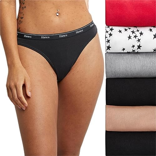 Hanes Women's Originals Panties Pack, Breathable Cotton Stretch Underwear, Basic Color Mix, 6-Pack Thongs, 2X Large