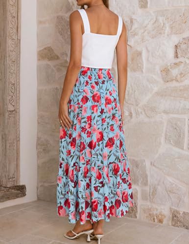 Image of ZESICA Women's 2026 Summer Bohemian Floral Printed Elastic Waist A Line Maxi Skirt with Pockets