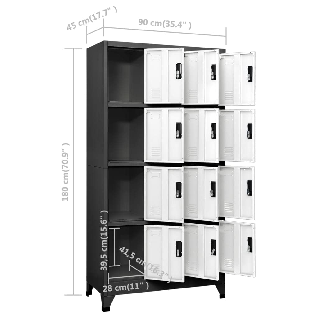 Armadietto Dell'armadietto Antracite, Acciaio, Design Moderno, 12 Porte Bloccabili, Prese d'Aria, Porta Tag, Scuola, Deposito per Ufficio, Facile da Pulire, 180x90x45 Cm