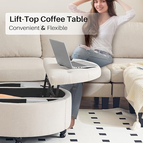 Redlifeᅟᅠ 00080+81 Redlife 35 Inch Wide Round Ottoman With Storage, Storage Ottoman Coffee Table, Tufted Round Ottoman Coffee Table Linen Fabric Round Coffee Table Ottoman thumb #3