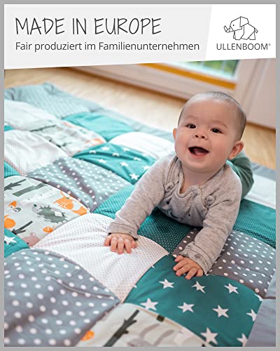 ULLENBOOM ® kruipdeken l speeldeken in de maten 120x120 cm, ideaal speelkleed voor in de box I bosdieren petrol - Afbeelding 4