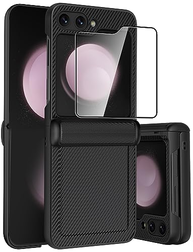 Sixbox ZFLIP5 For Samsung Galaxy Z Flip 5 Case With Outer Screen Protector & Hinge Protection, Matte Texture Shockproof Durable Full Body Protective Phone Cover Case For Galaxy Z Flip 5, Carbon Fiber Black cover