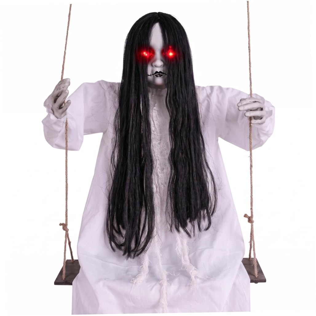 Otbushit Scary Halloween Decorations, Sound & Touch Activated Swinging Ghost Outdoor Decor, White