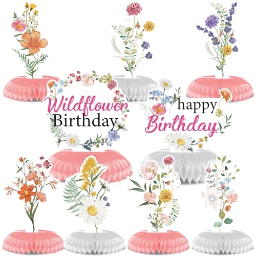 Rngmsi Flower Birthday Table Decorations - 9PCS Wildflower Spring Party Decor Supplies With Floral Honeycomb Centerpiece for Girls and Women