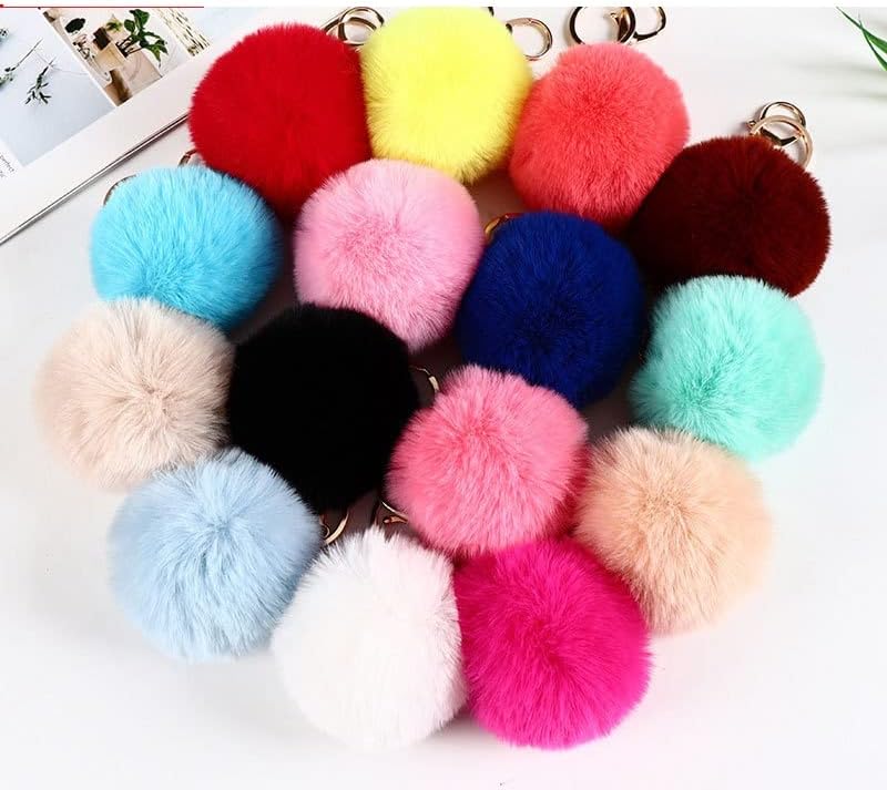 Cute Faux Rabbit Fur Ball Pom Pom Keychain - Colorful Soft Plush Pompoms Car Key Ring Handbag Purse Charm - Image 2