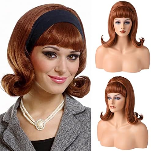 LONAI Retro Brown Wig 50s 60s 70s Wig with Bangs for Women Synthetic Hair for Halloween Costume Party