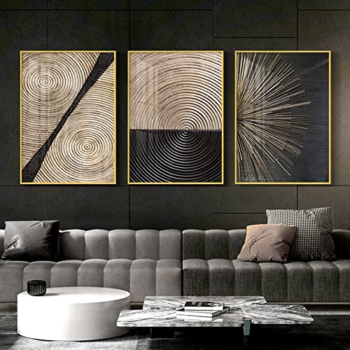 JLCZBT Set di 3 quadri moderni da parete astratti, colore nero e oro, con anello annuale, linee di tela, pittura per soggiorno, senza cornice (60 x 90 cm x 3)