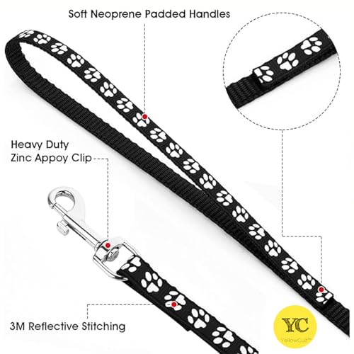 Image of YellowCult Dog /Cat Collar Leash Set with Adjustable Soft Nylon Paw Print Pet Collar for Cats, Puppies, Small Dogs, Fat Rabbits Walking Training, Bell & Quick Release Buckle Safety Lock -[Black]