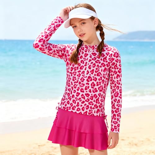Image of Vogseek 3-12T Girls Swimsuit Long Sleeve Rashguard Bathing Suits Swim Set | Quick Dry, UPF 50+ Sun Protection, Swimming Skirt, Boyshorts, Zipper Two Piece Long Sleeve Swimsuits, Adjustable Drawstring
