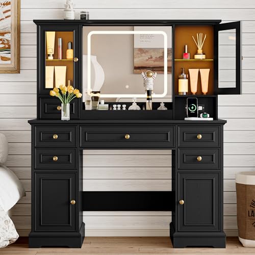 Vanity Desk with HD Lighted Mirror & Power Outlet, Farmhouse Makeup Vanity Table Set with Storage Drawers & RGB Cabinets, Large Dressing Table with 3 Lighting Modes for Women Girls Kids Bedroom, Black