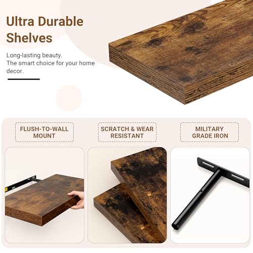 Image of 48 Inch Floating Shelves, 12 Inch Deep Floating Shelves for Wall, Extra Deeper & Thicker Wooden Wall Shelf with Invisible Brackets, Shelf for Bedroom Home Decor(Rustic Brown, Set of 2)