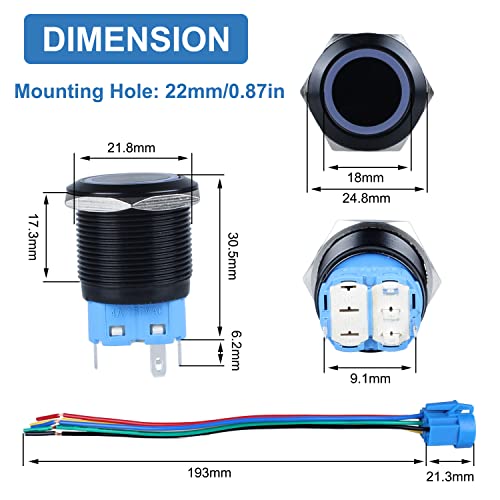Image of 2PCS 22mm Metal Latching Push Button Switch Waterproof Anti-Vandal Black Shell with Pre-Wired Socket for 7 /8 inch Mounting Hole 12V-24V ON Off 1NO 1NC Halo Ring Red LED
