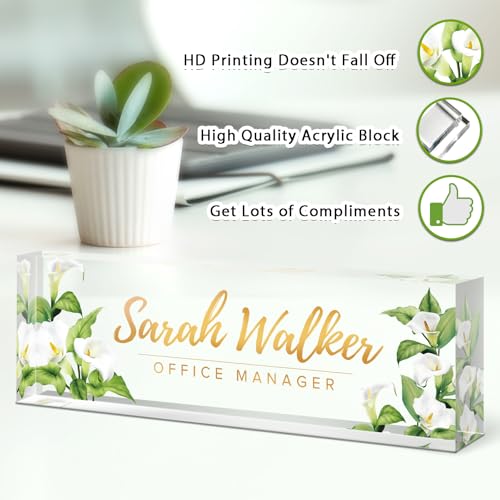 Image of Name Plate for Desk, Desk Name Plate Personalized, Office Decor for Women Men, Acrylic Desktop Accessories, Office Gifts for Boss Nurse Teacher Coworker, Employee Appreciation Gift (Purple Calla)