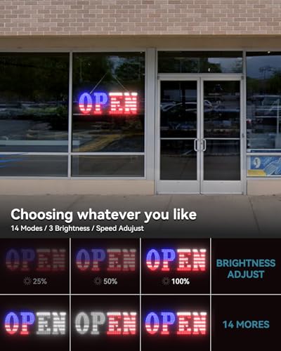 Image of Open Sign for Business, 40 inchx14 inch Jumbo Open Sign with Timer and Remote Control, Dynamic Light Modes Led Signs for Storefront Window Bar Salon Cafes Retail Shops US Flag