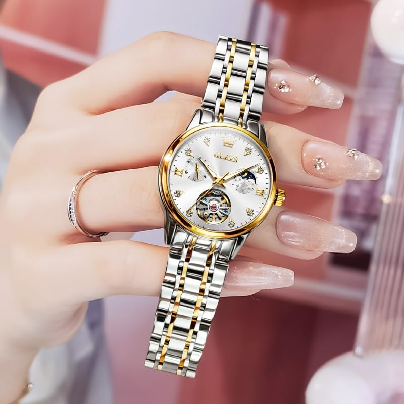OLEVS Automatic Watches for Women Luxury Stainless Steel Gold and Silver Diamond Mechanical Dress Self Winding Date Waterproof Wrsit Watches for Ladies - Image 8