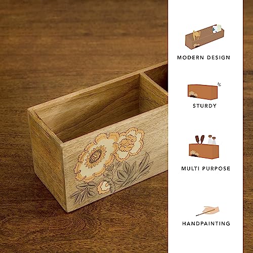 Image of Ellementry Fleur D'or Wooden Cutlery Holder, Fork Stand for Spoon, Knife & Chopstick | Utensil Organizer for Kitchen and Dining Table, Handcrafted Tableware Storage Box for Spoons