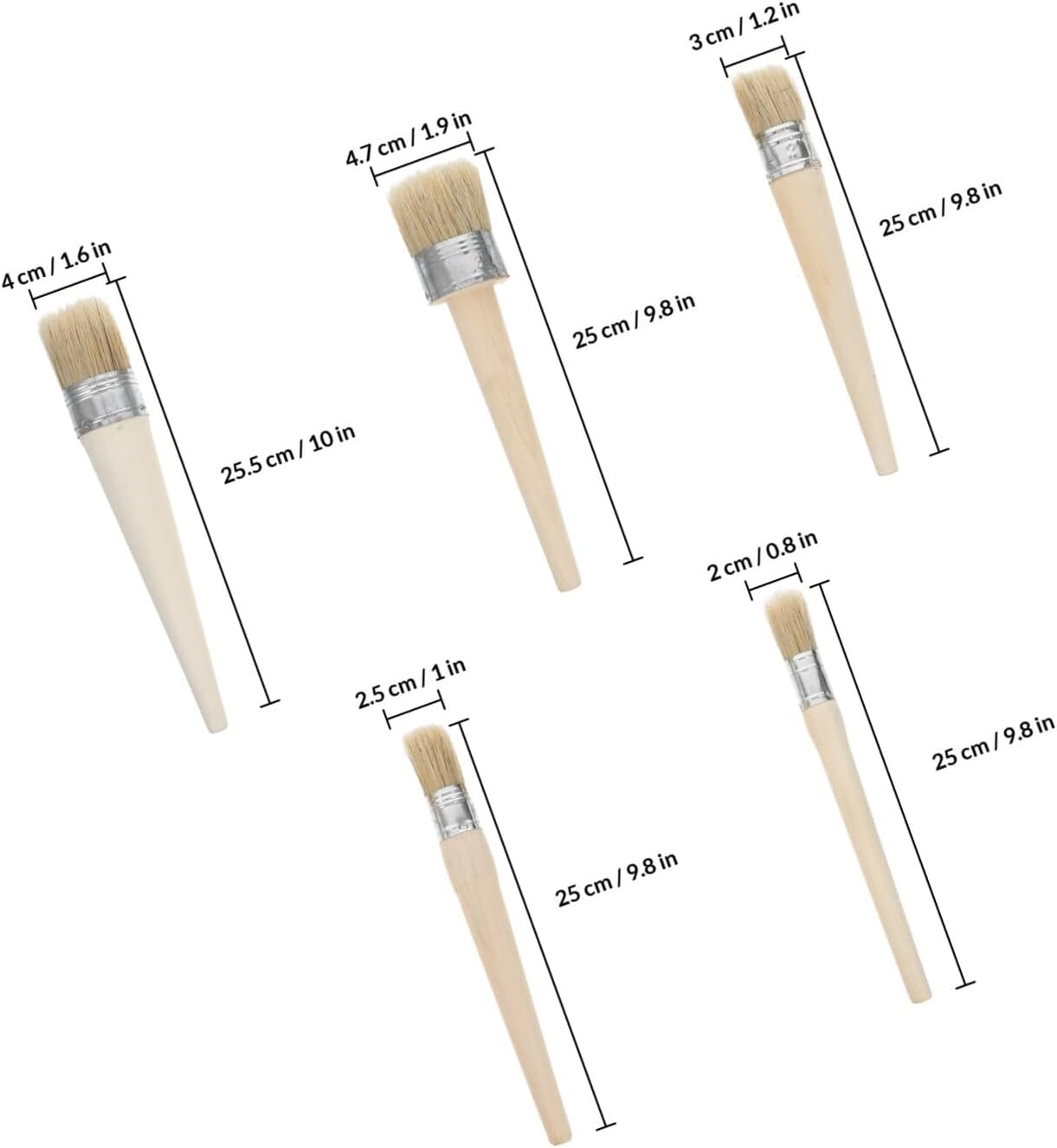 SAFIGLE 5pcs Round Natural Bristle Paint Brush Set with Wood Handles for Decorative Paint and Waxing Furniture, Multi-Size Diameter 20mm to 50mm, Suitable for DIY Painting and Home Decor