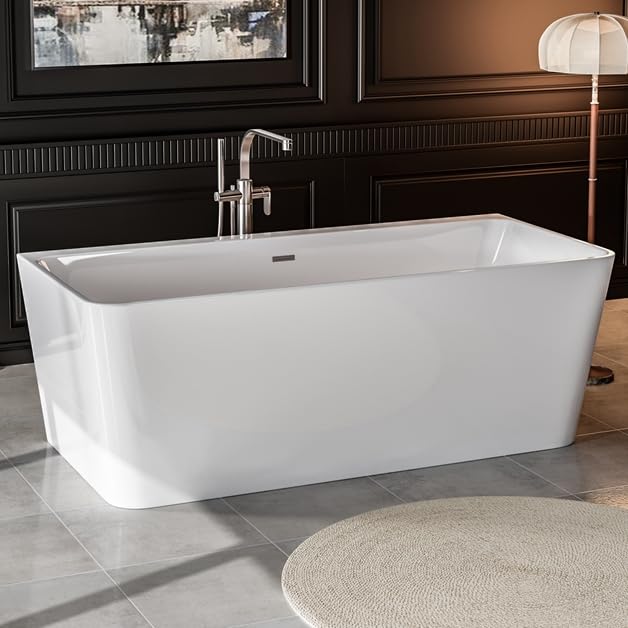 Image of Empava 67 inch Freestanding Bathtub, Back to Wall Soaking Tub | Luxury Acrylic Stand Alone Tub Included Overflow and Drain for Bathroom, Glossy White,cUPC Certified