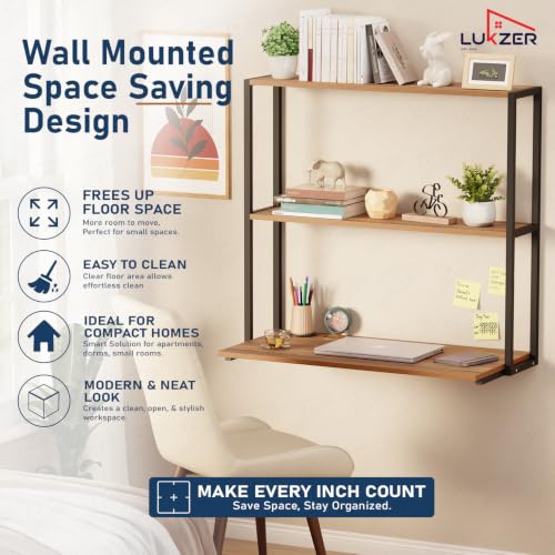 Image of Lukzer Wall Mounted Study Table with Multipurpose Storage Shelves (MMR-007 /Black & Oak Brown) Engineered Wood & Metal Frame, Space Saving Work Desk for Laptop, Bookshelf & Home Office (83x79x40 cm)