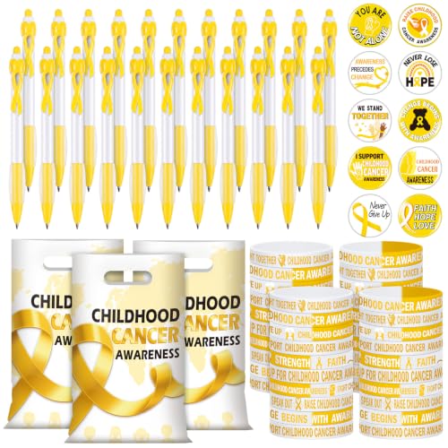 Supervitae 200 Pcs Childhood Cancer Awareness Accessories, Include 50 Gold Ribbon Awareness Gift Bags 50 Childhood Cancer Wristband 50 Pen 50 Prevention Button Pin for Campaign Support Supplies