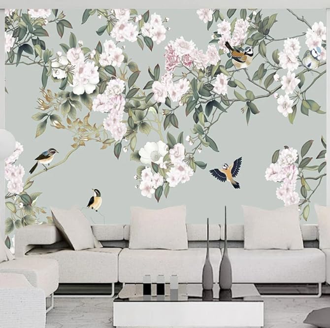 Peinture murale salon et chambre papier peint 3D fleurs oiseaux 200x140cm