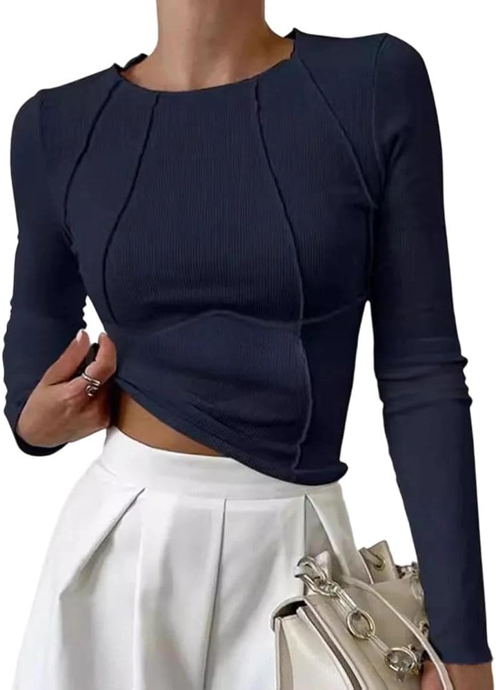 Women Round Neck Long Sleeve Pullover Slim Fit Casual Sports Top